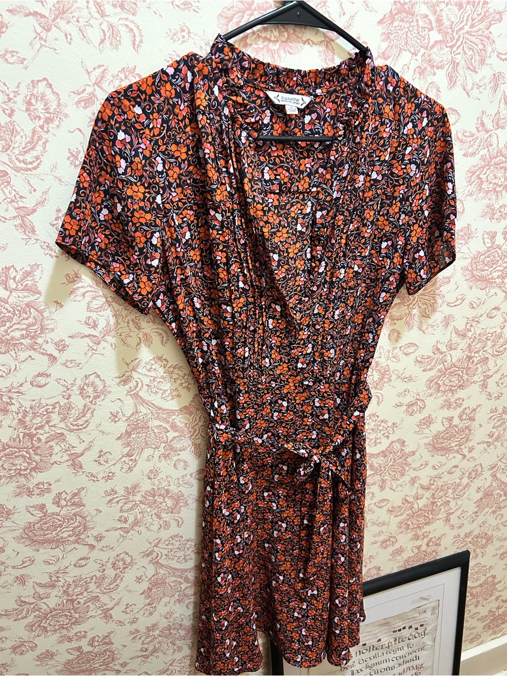 Nanette Lepore Orange & Black Floral Tie-Waist Mini Dress